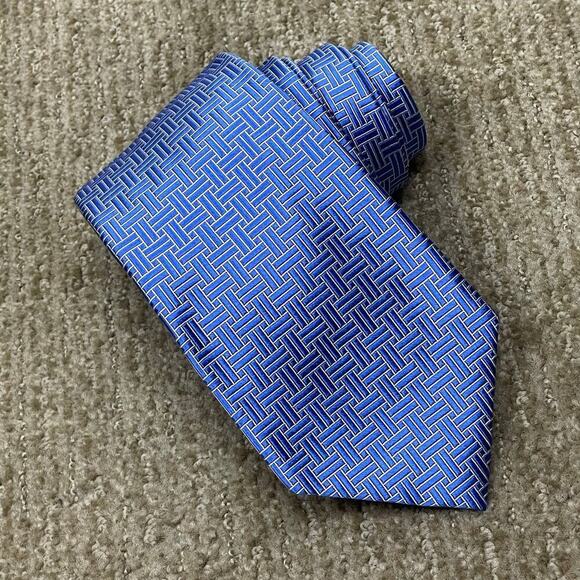 Lauren Ralph Lauren Necktie Silk Blue White Geometric Print Hand Finished - Picture 2 of 10